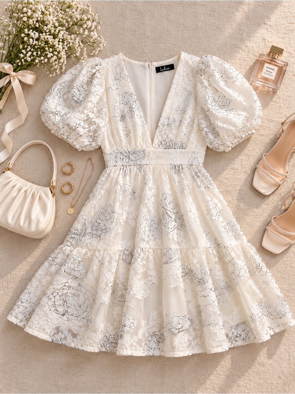 Lulus White Silver Floral Jacquard Puff Sleeve Mini Dress S